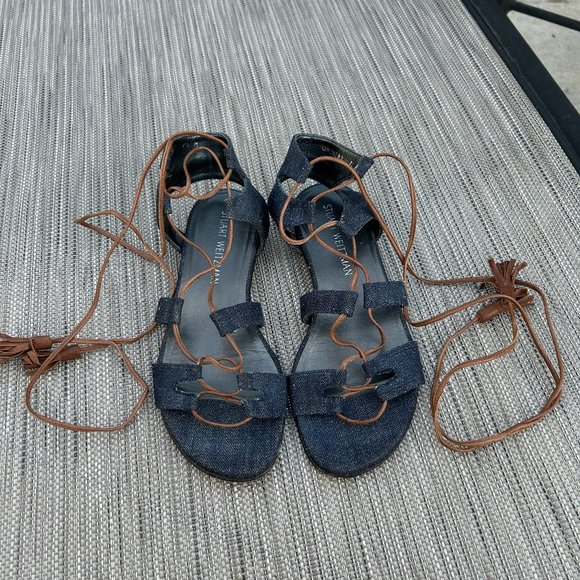 Stuart Weitzman Roman Flat Blue Denim/Leather Gladiator Sandal Sz 7.5 - Picture 7 of 7
